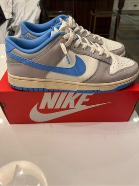 Nike Dunk Low Sneakers in White, Light Blue & Gray. Carolina Blue
